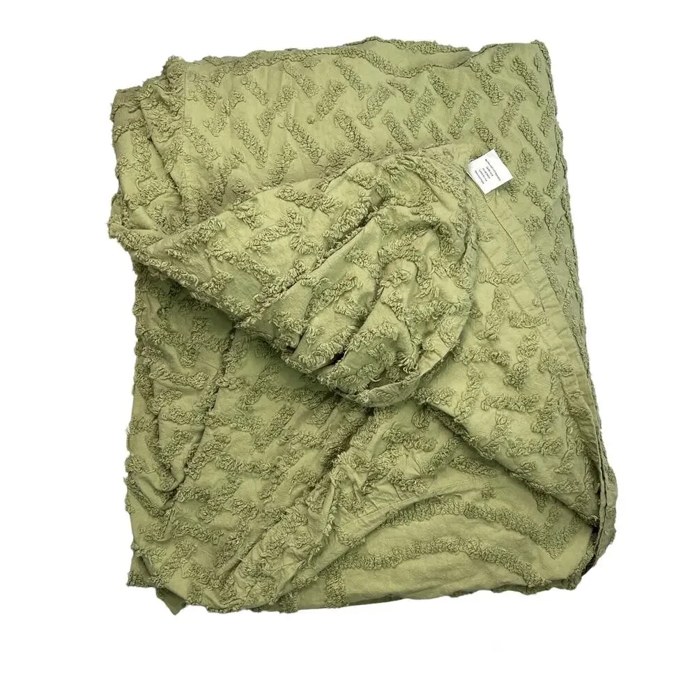 Vintage Chenille Bedspread Green King Size Upcycling Textile Cotton